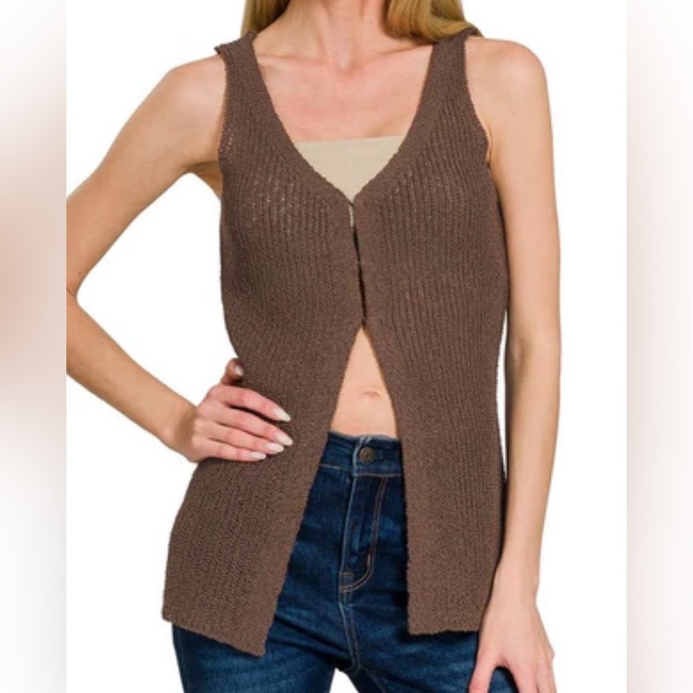 NWT Lightweight Eye-Hook Soft Fabrication Sweater Knit Vest Top Brown - Picture 9 of 9
